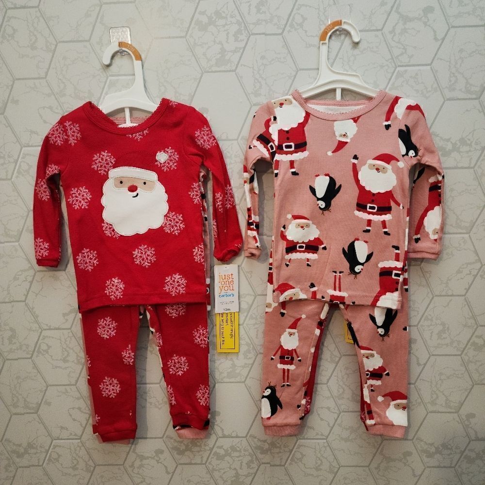 New baby girl's Santa Christmas pajamas bundle, Size 12 months